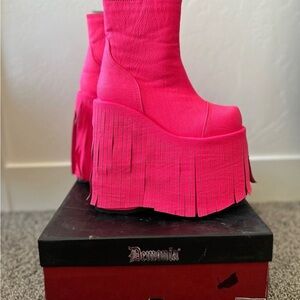 Demonia Hot Pink Fringe Platform Boots